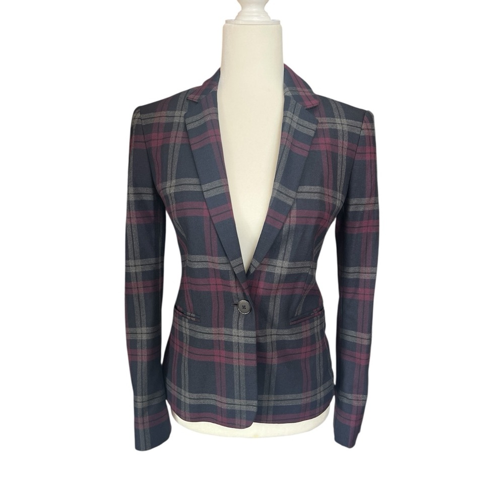 Express navy, burgundy, and grey fitted plaid blazer